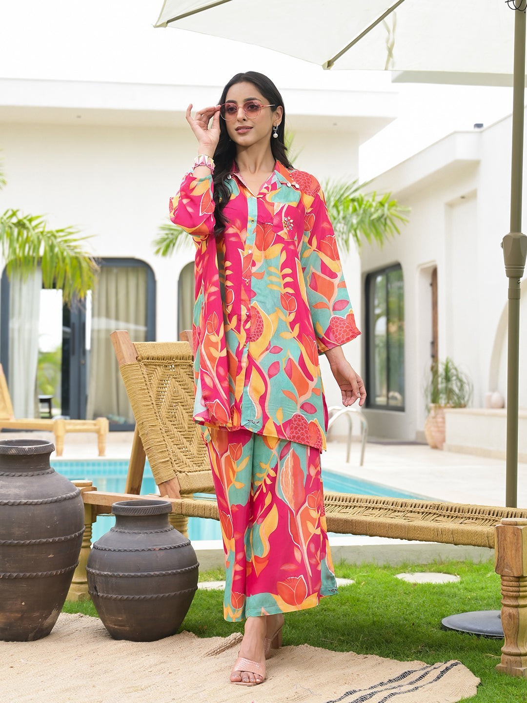 Muslin Pink Multi Digital Printed Co-Ord Set for Women Ethnic Casual Wear