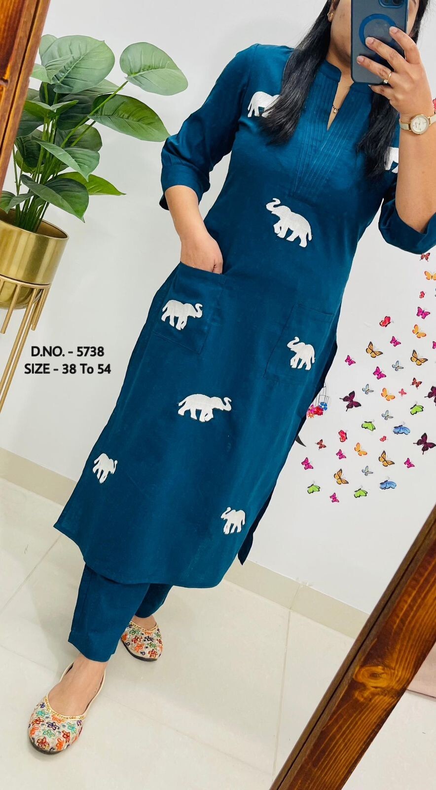 Women Indian Cotton Embroidered Elephant Kurta With Pants, Designer Casual Wear