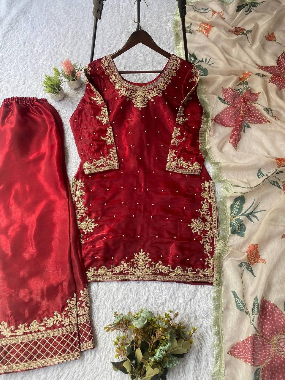 New Launch Heavy Fancy Silk Red Top Palazzo With Dupatta For Wedding Wear Bridal