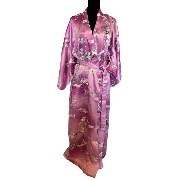 NWT Amita Lavender Satin Cherry Blossom and Bird Kimono Robe Size O/S