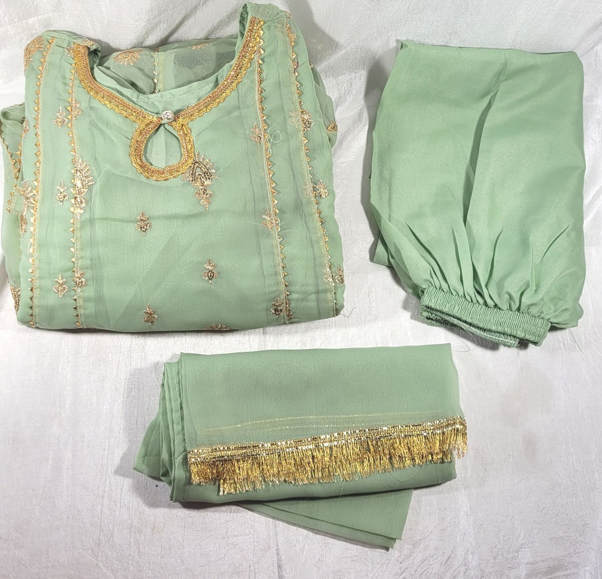 3pc Embroidered Sequin Cotton Chiffon Salwar Kameez & Dupatta – Mint Green – S