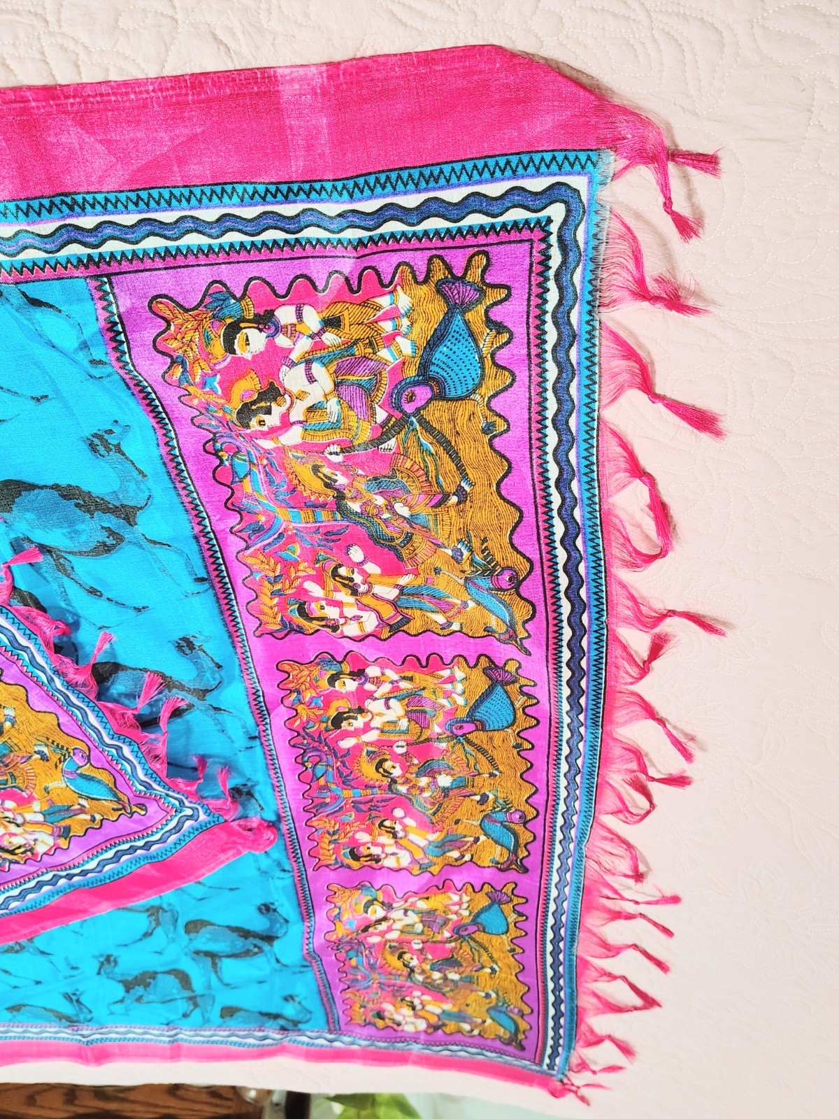 Vibrant Organza Silk Sari Camels & Ceremonial Traditional Scenes Fringe 82×44″