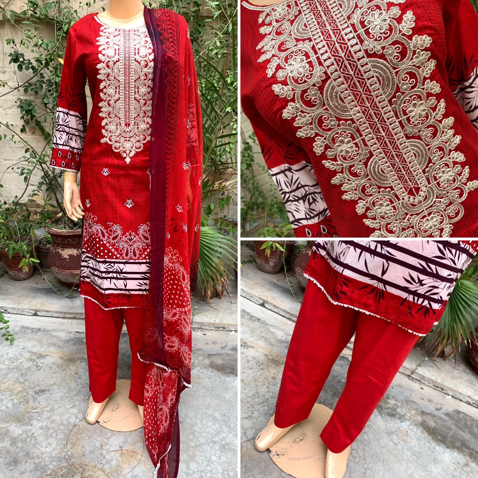 Pakistani Red Printed Straight Shirt 3-PCS Lawn Suit w/ Threadwork ,L