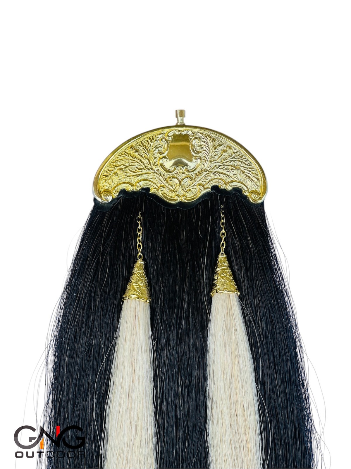 Scottish Gold Plated Black Horse Hair Sporran 2 White Tassels Kilt Sporran