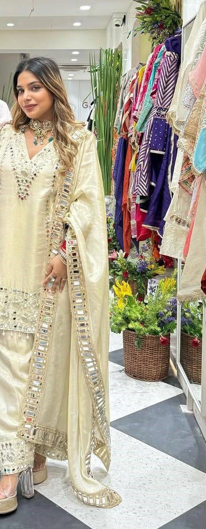 Latest Off White Georgette Top And Palazzo With Dupatta For Function Wear