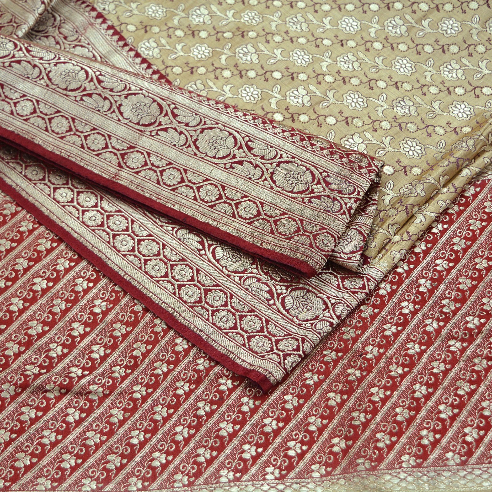 Vintage Beige & Red Heavy Saree Pure Satin Silk Woven Brocade Banarasi Sari 5yd