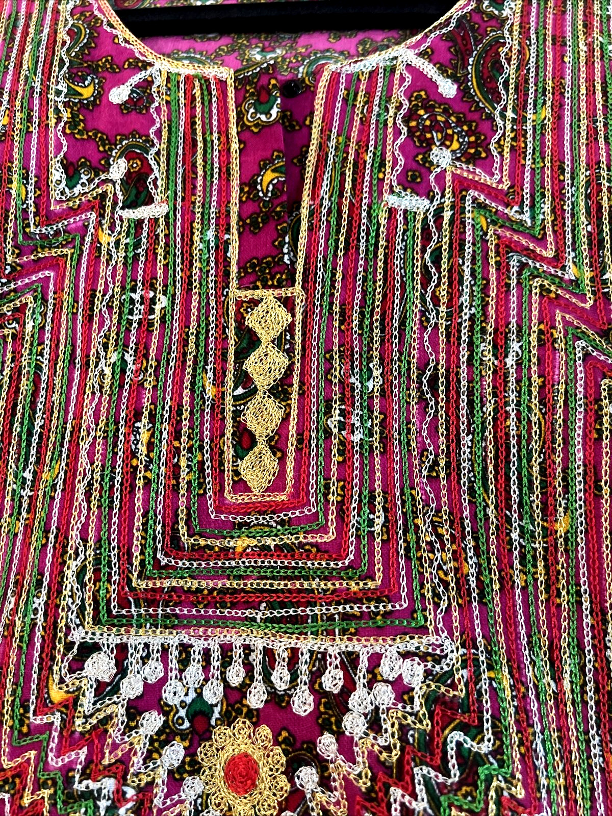 CAFTAN JALABIYA DJELLABA MAXI LONG DRESS MAGENTA W/GREEN WHITE RED GOLD PAISLEY