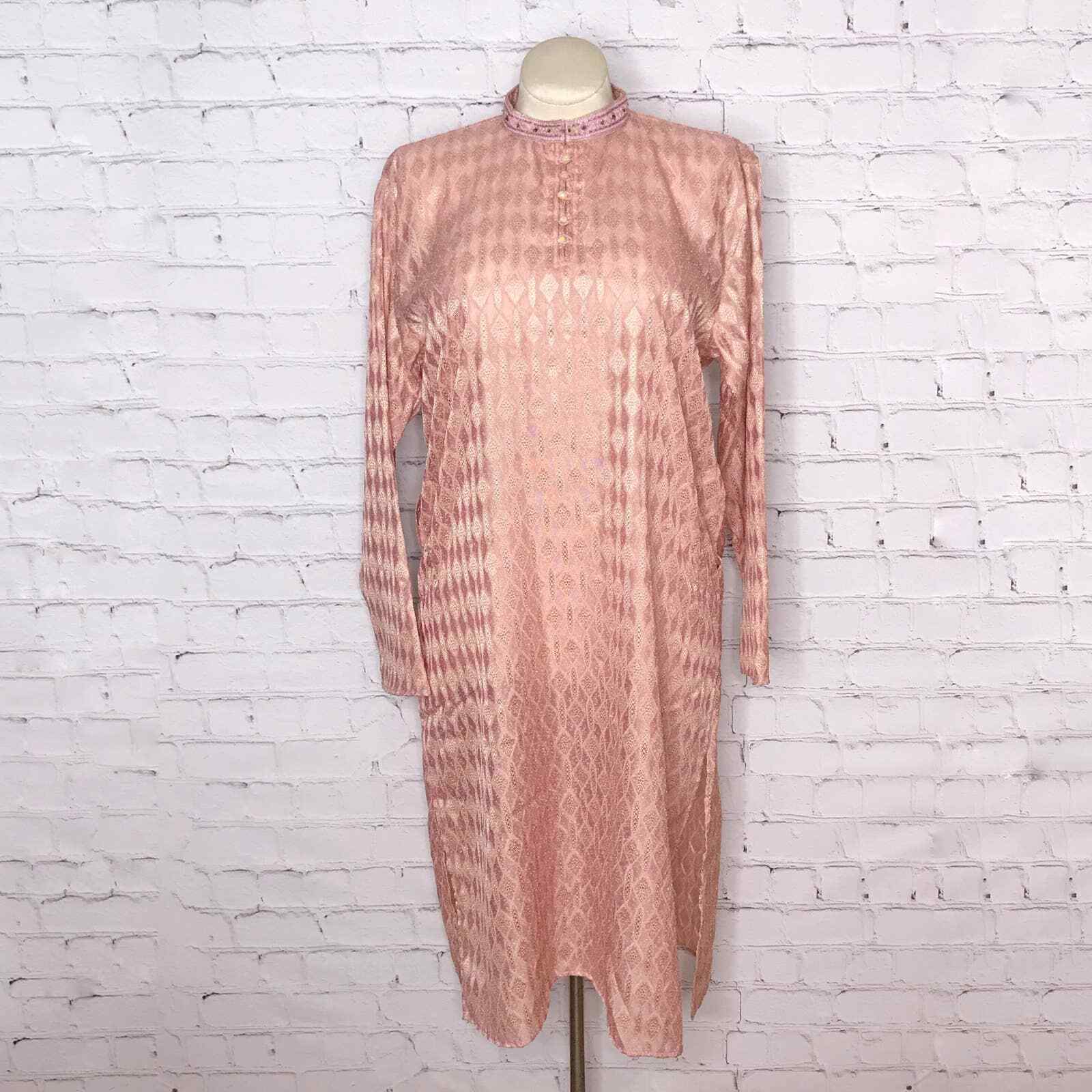 Vintage 90s Dusty Rose and Gold Woven Kurta Lounge Dress Impression Size M L