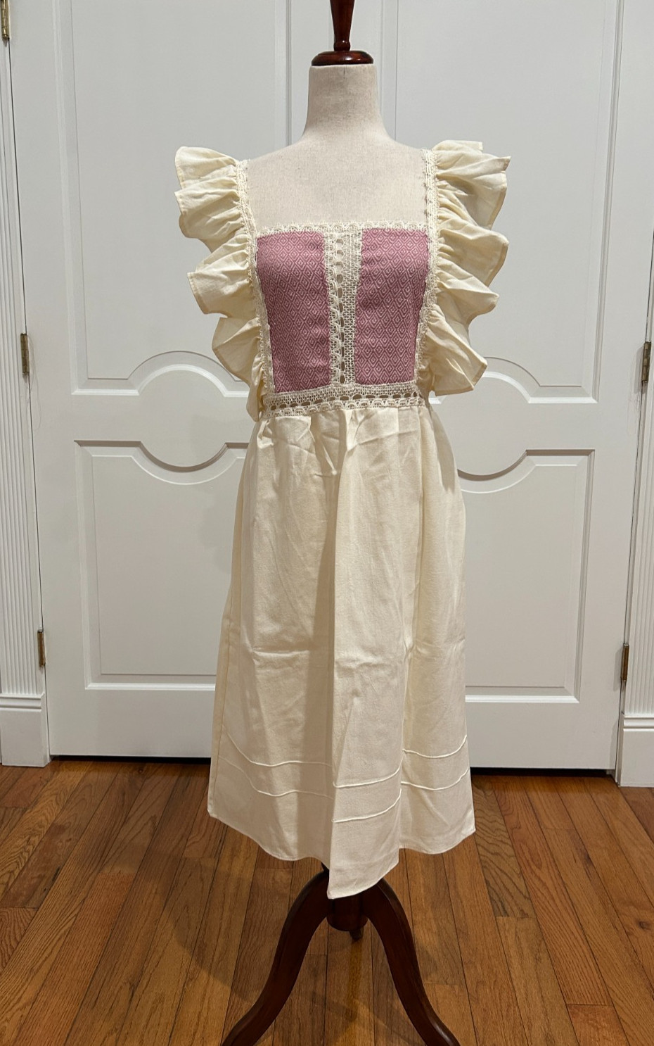 One of a Kind Mexican Hand loom embroidered dress, with ruffle sleeve.