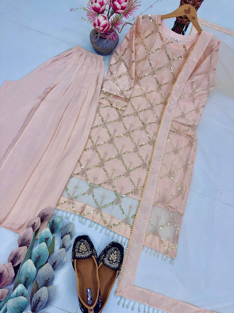 Designer Wedding Wear Soft Net Kurta Palazzo With Dupatta For Women