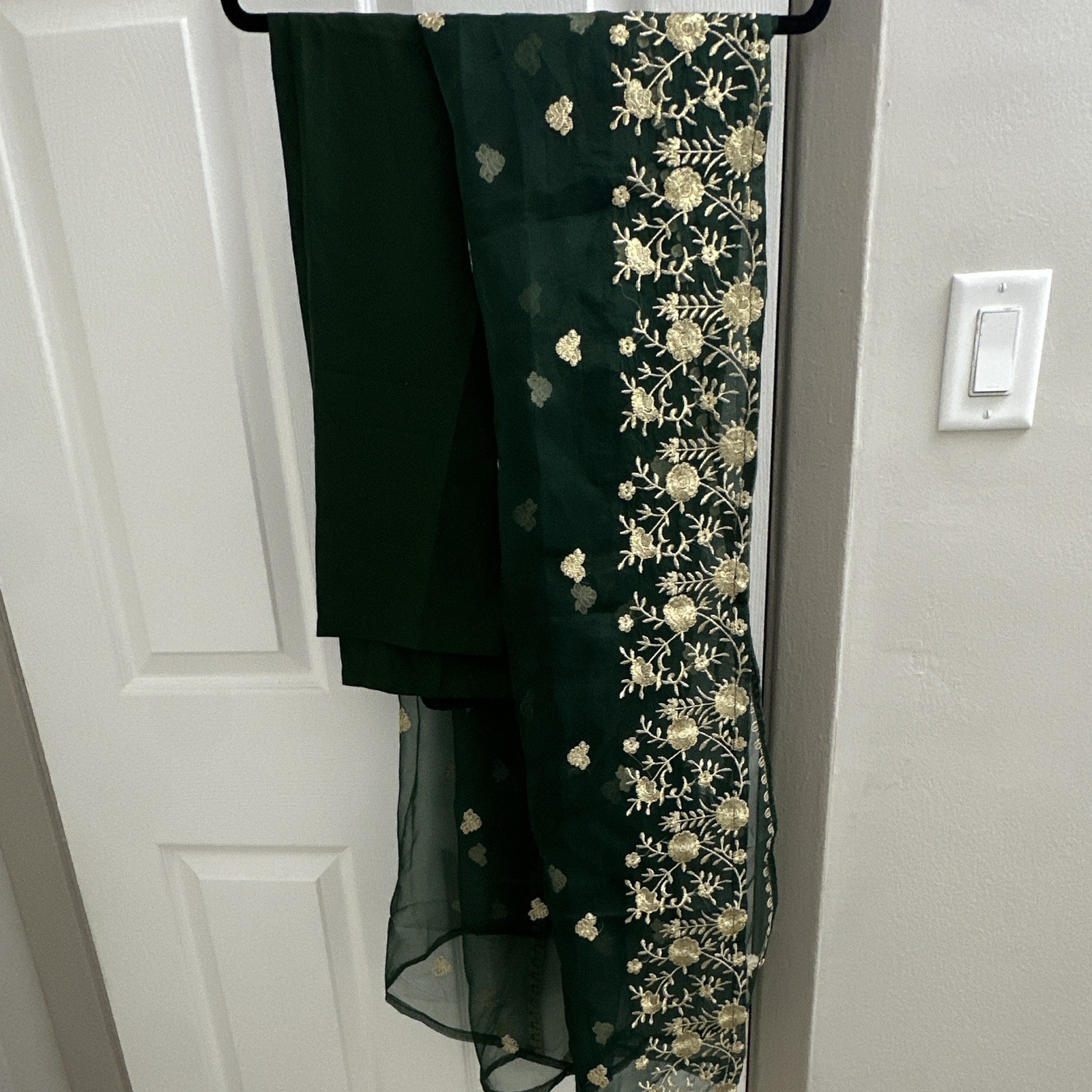 Green Chiffon Salwar Kameez with Gold Embroidery for Women, Size Large
