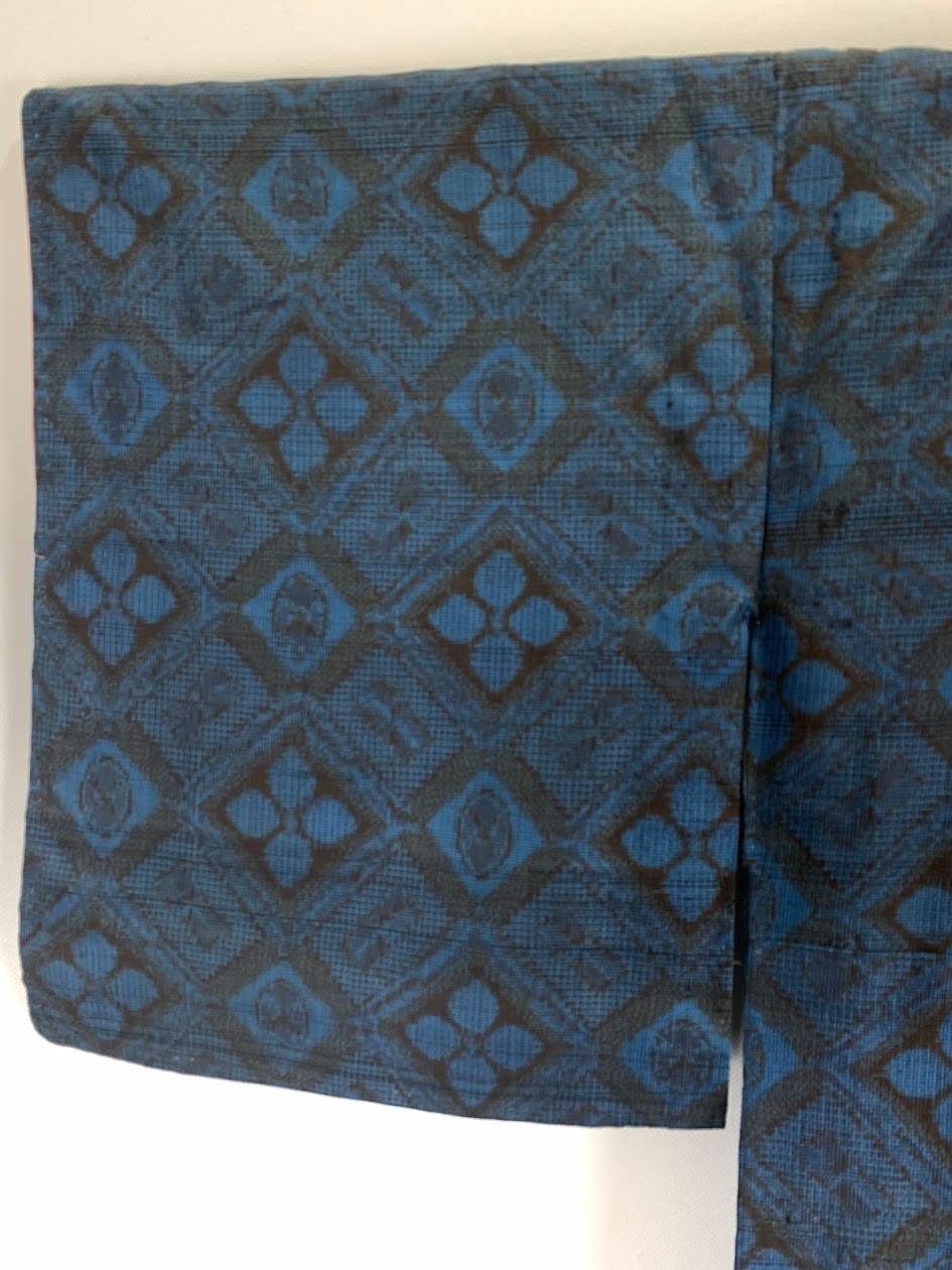 Unused Silk Tsumugi Kimono Floral Geometric Blue Black Japanese Robe Duster Coat