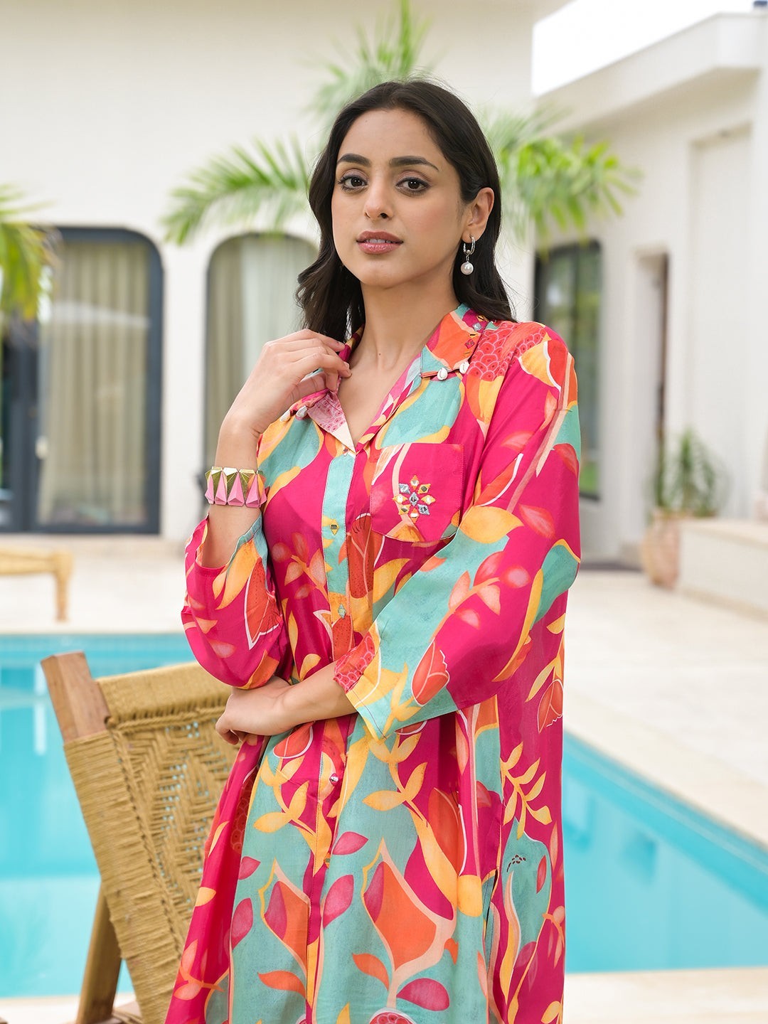 Muslin Pink Multi Digital Printed Co-Ord Set for Women Ethnic Casual Wear