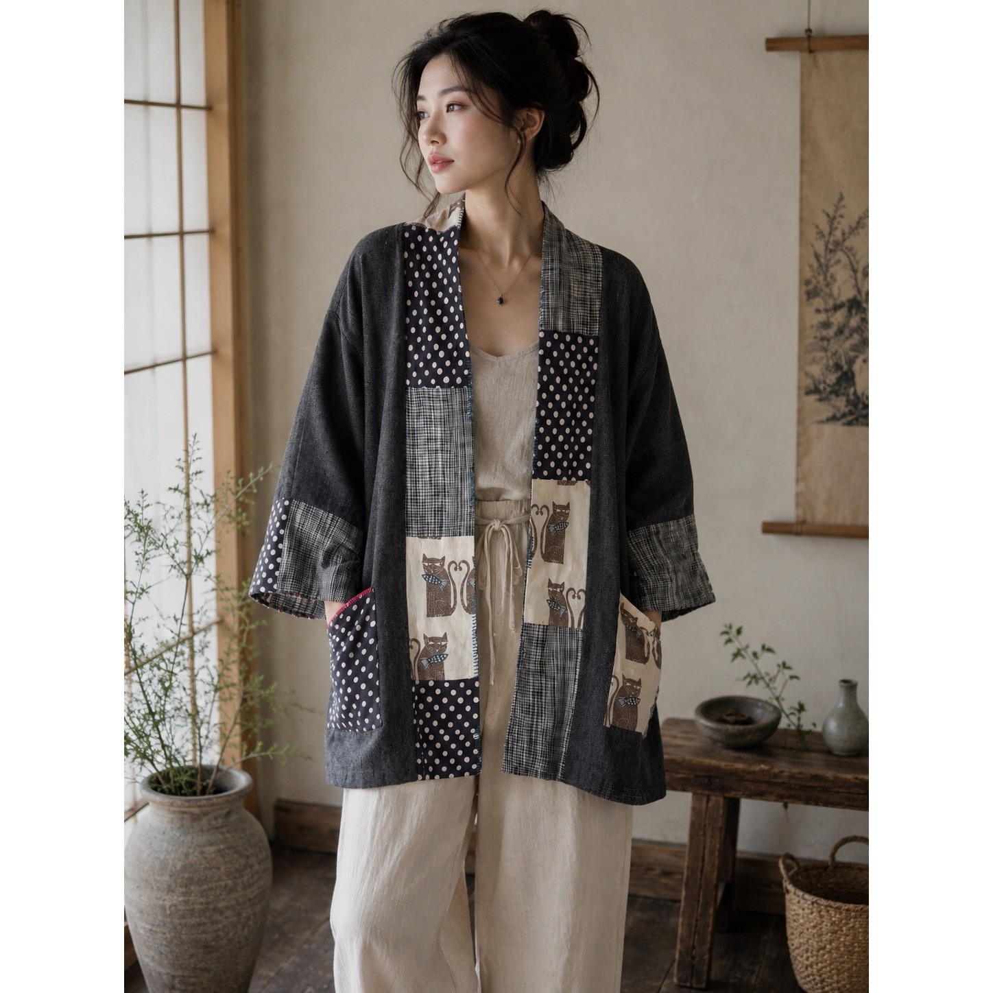Patchwork Kimono Jacket Women M Gray Cat Print Reversible Boho Folk Folksy