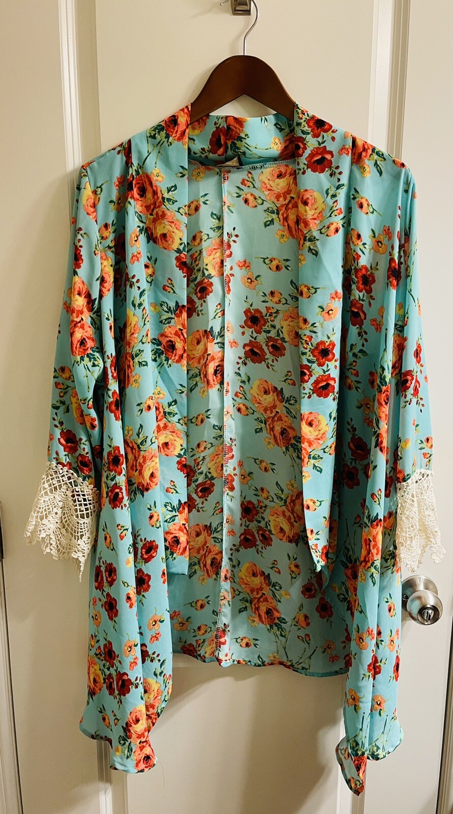Meritt Womens Sheer Floral Turquoise Kimono One Size Fits All Lace Trim Sleeves