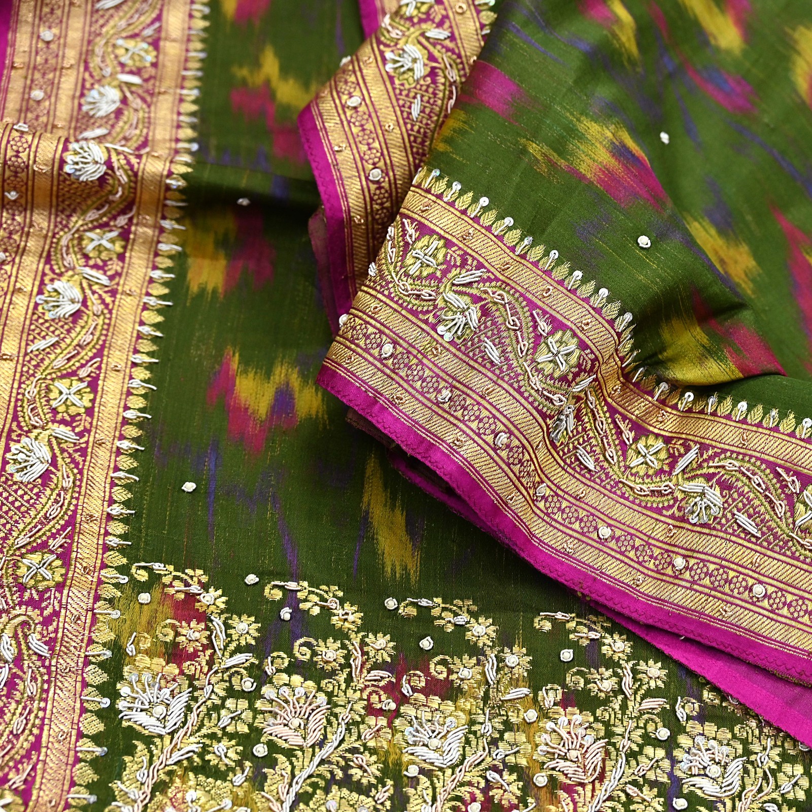 Vintage Multi Heavy Sari Pure Satin Silk Woven Banarasi Tanchoi Embroidered 5yd