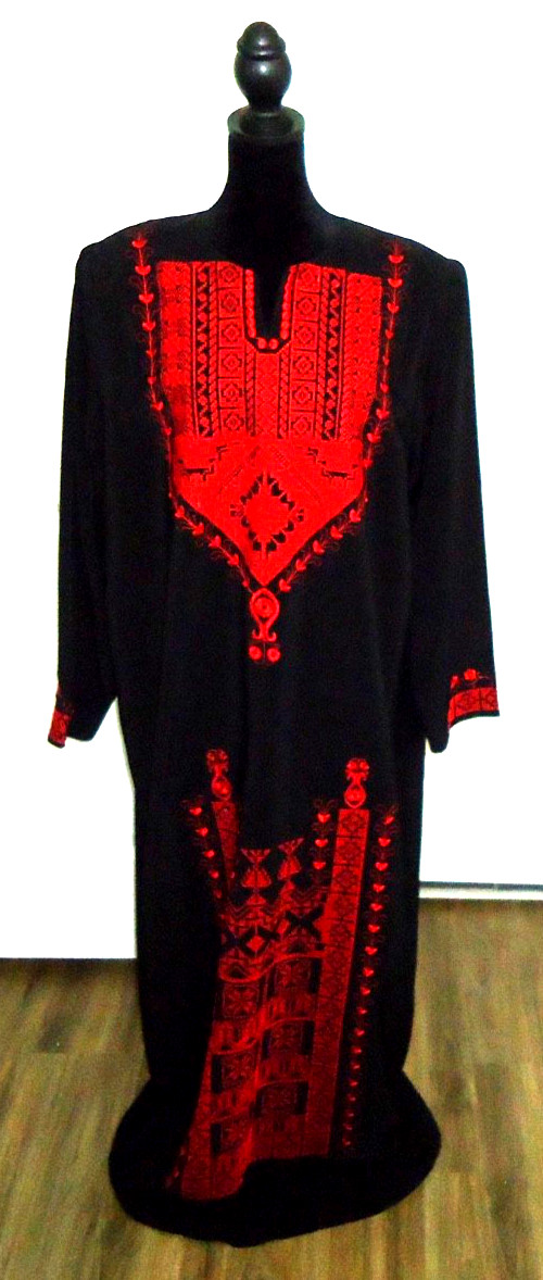 Vtg-70 Traditional Women’s Abaya Black Red Embroidery Dress Size-3/1X-2X
