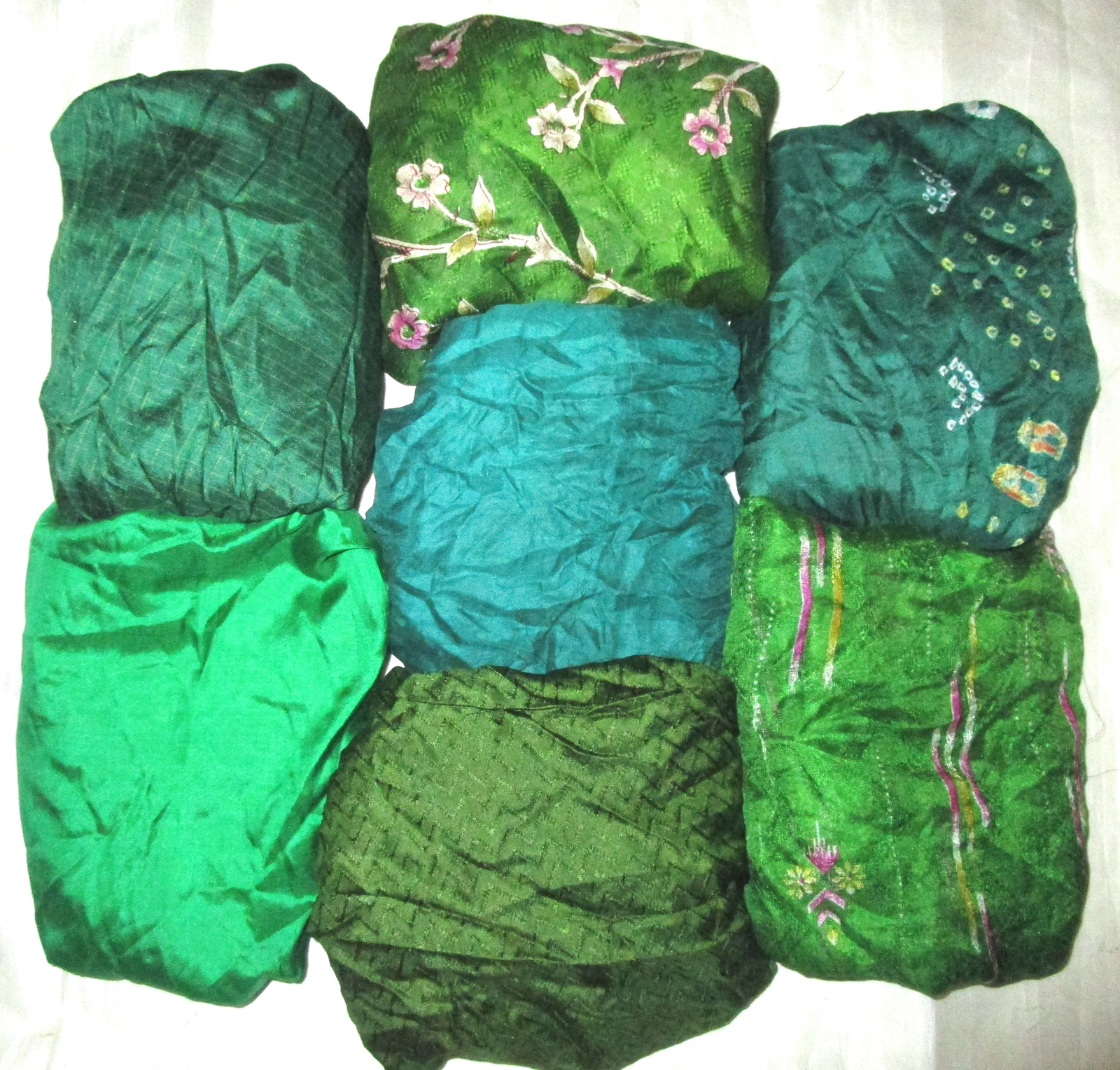 LOT PURE SILK Vintage Sari REMNANT Fabric 7 Pcs 1 ft Green Cushion #,AEKW
