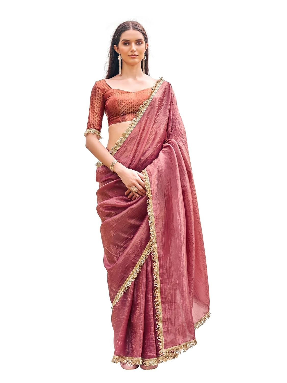 Women’s Plain Organza Solid Embellished Lace Saree with Un-Stitched Blouse Piece
