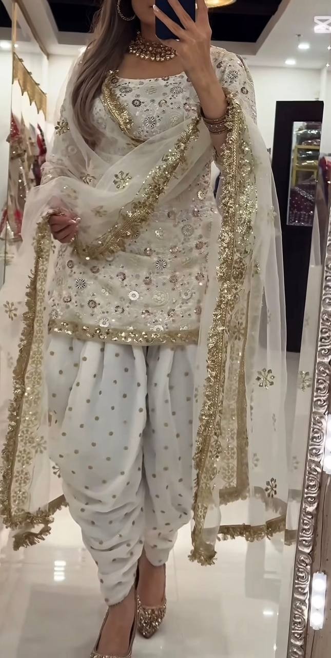 Presenting Faux Georgette White Top Dhoti With Dupatta For Indian Ethnic Wear
