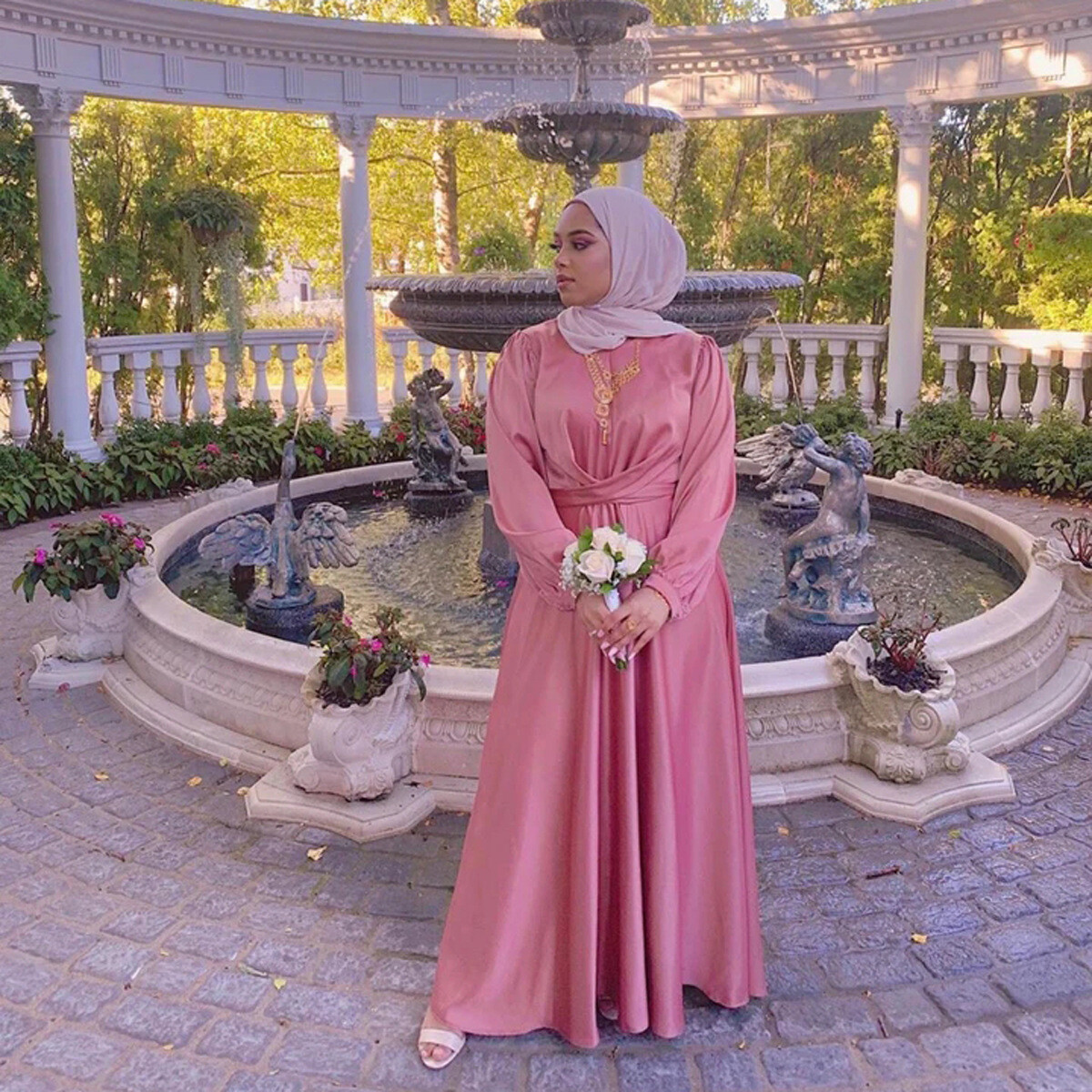Eid Mubarak Satin Abayas Women Muslim Maxi Dress Islamic Clothing Dubai