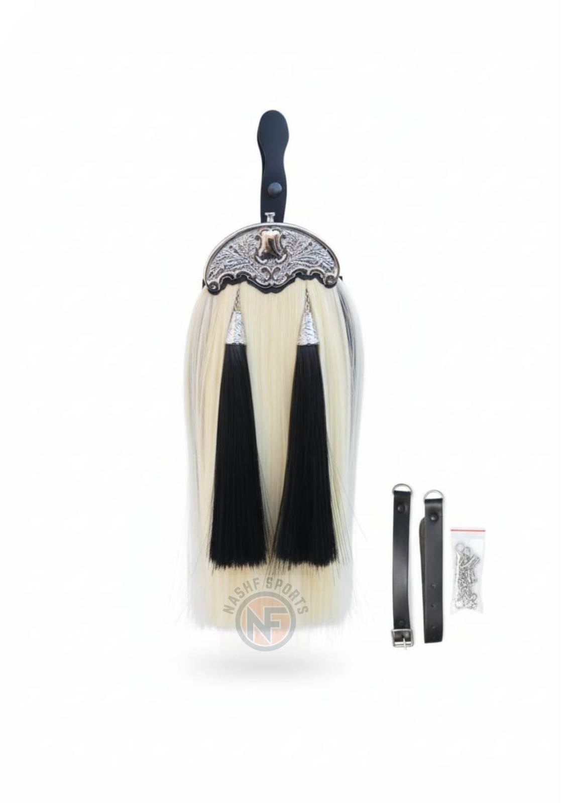 White Synthetic Horsehair Sporran with Chrome Thistle Cantle & Black Tassels