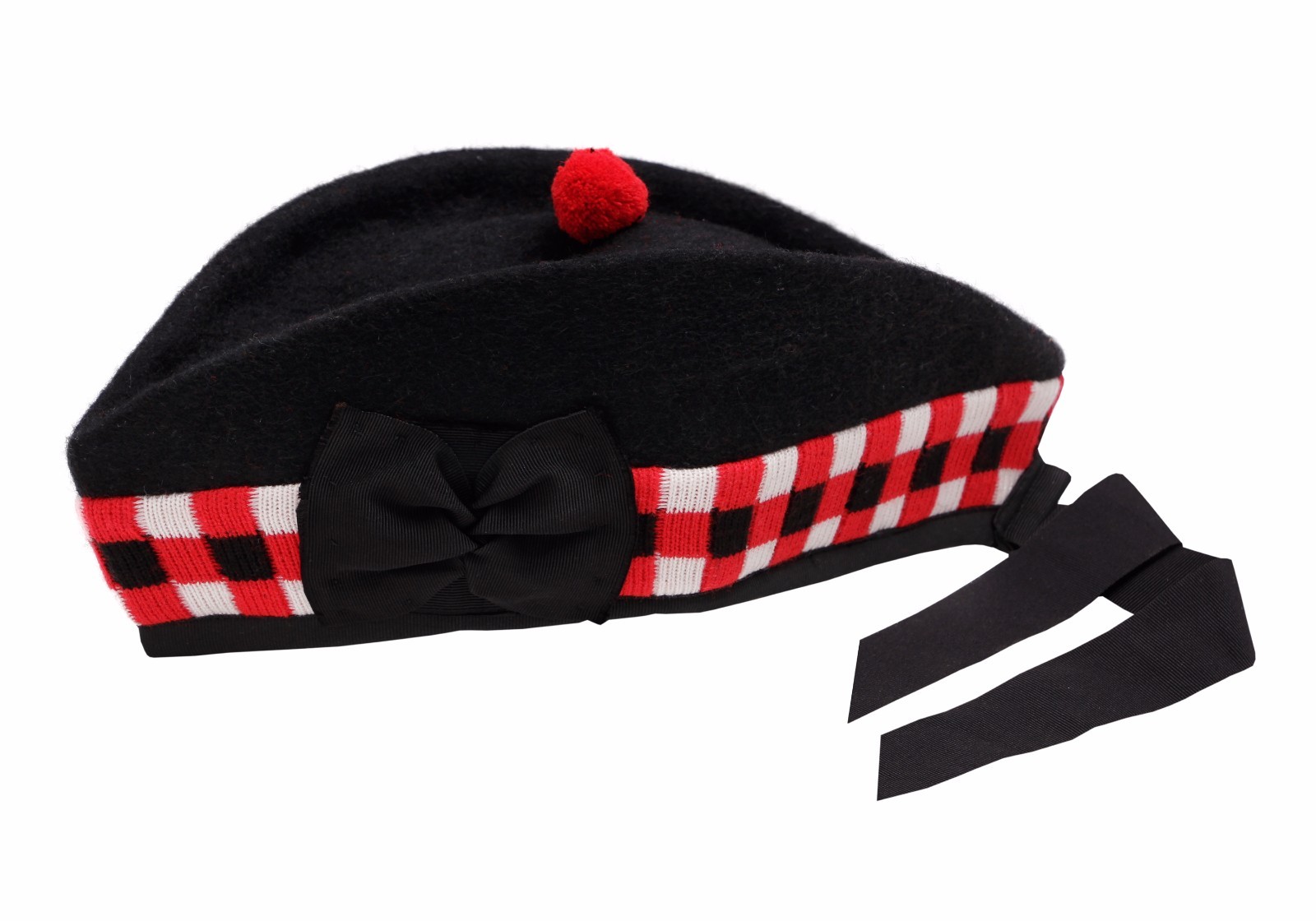SCOTTISH PIPER HAT 100% PURE WOOL BLACK GLENGARRY TRIPLE DICED HAT