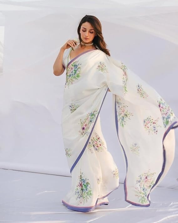 Women’s Floral Digital Printed Bright Moss Silk Sarees