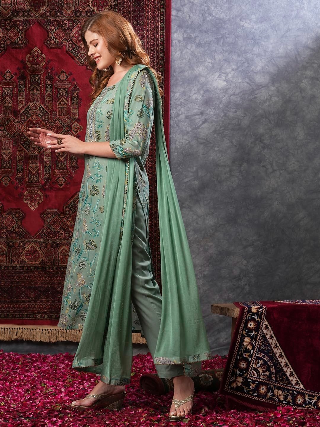 Women’s Rayon Blend Printed Straight Kurta with Pant & Dupatta