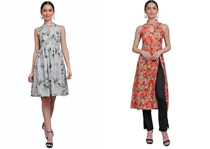 Sugeeta Apparels 3D Print A-Line Style & Round Neck Sleeveless Midi combo Dress