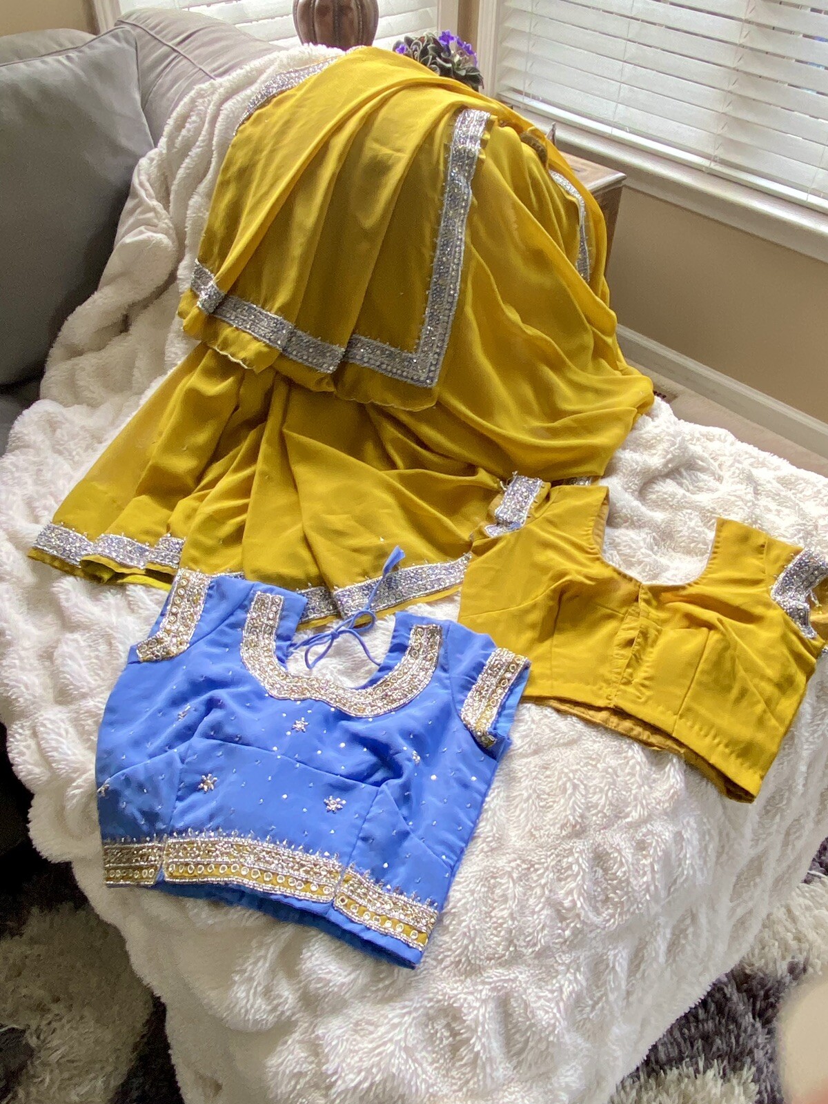 Mustard & Baby Blue Georgette Sari With 2 Matching Blouses – Size 32