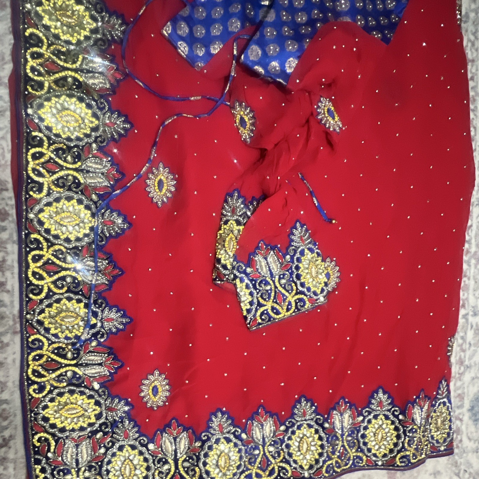 Women’s Red Blue & Gold Embroidered Georgette Saree with Border & Blouse