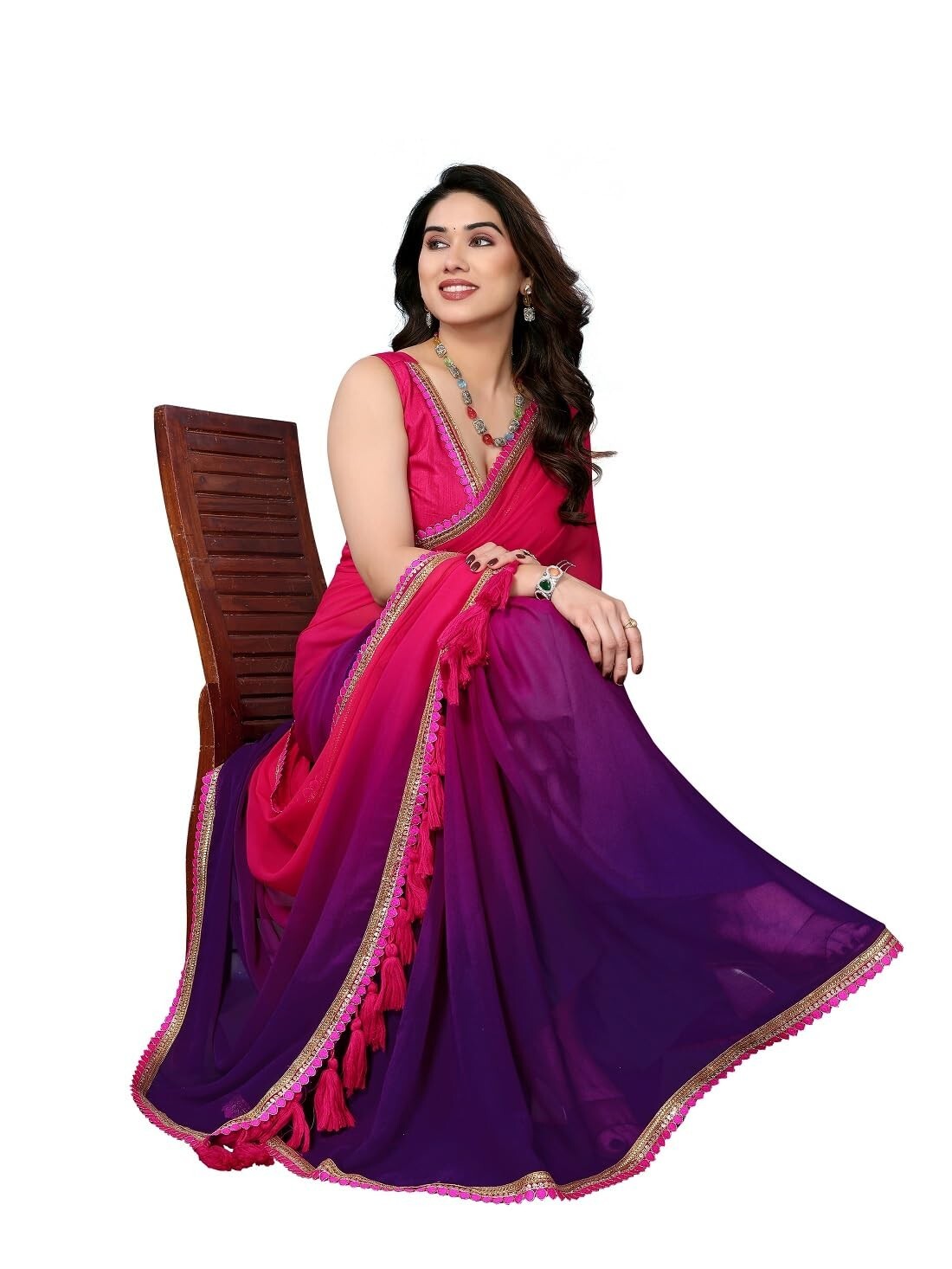 Women’s Fancy Desian Georgette Saree FOr Women With Latkan Tassels Lace Border