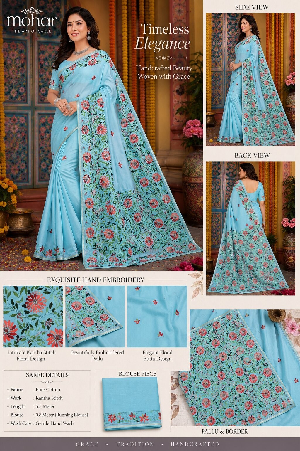 sky color katha stitch saree