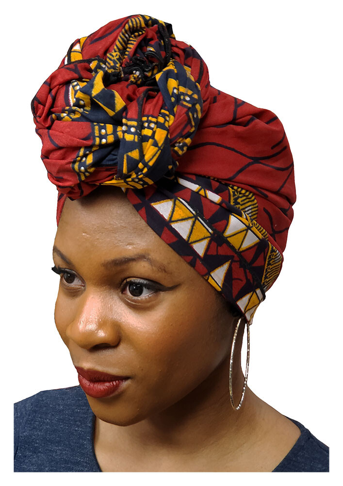 Burgundy Red African Print Head wrap, Tie, scarf, Multicolor 100% Cotton DPH549