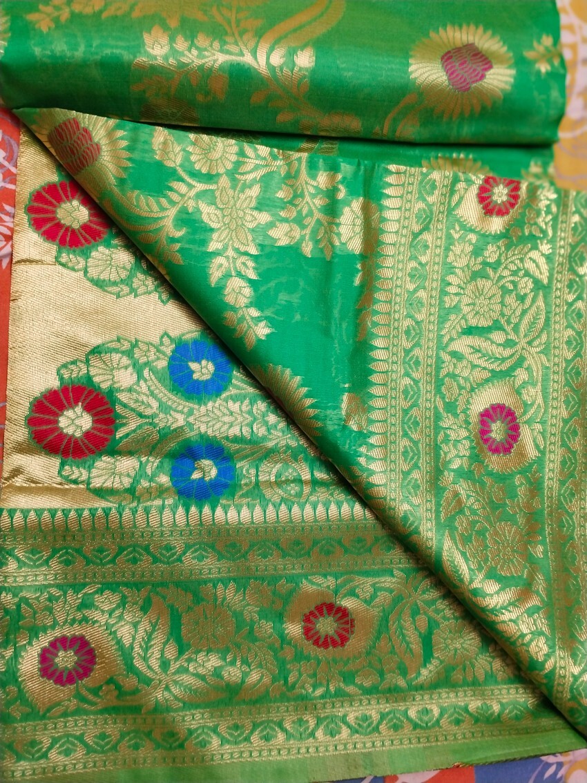 Indian jacquard Barnabas Silk Green color Golden & Blue Paint Anniversary saree