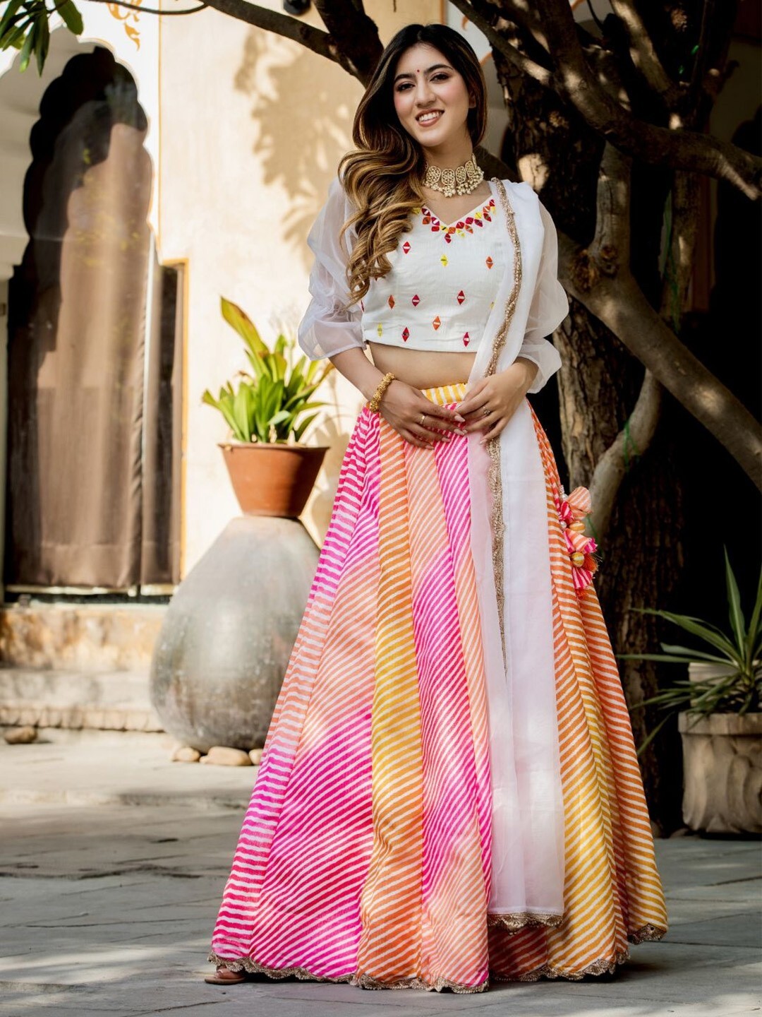 Presenting Organza Multi Color Lehenga Choli With White Dupatta For Function