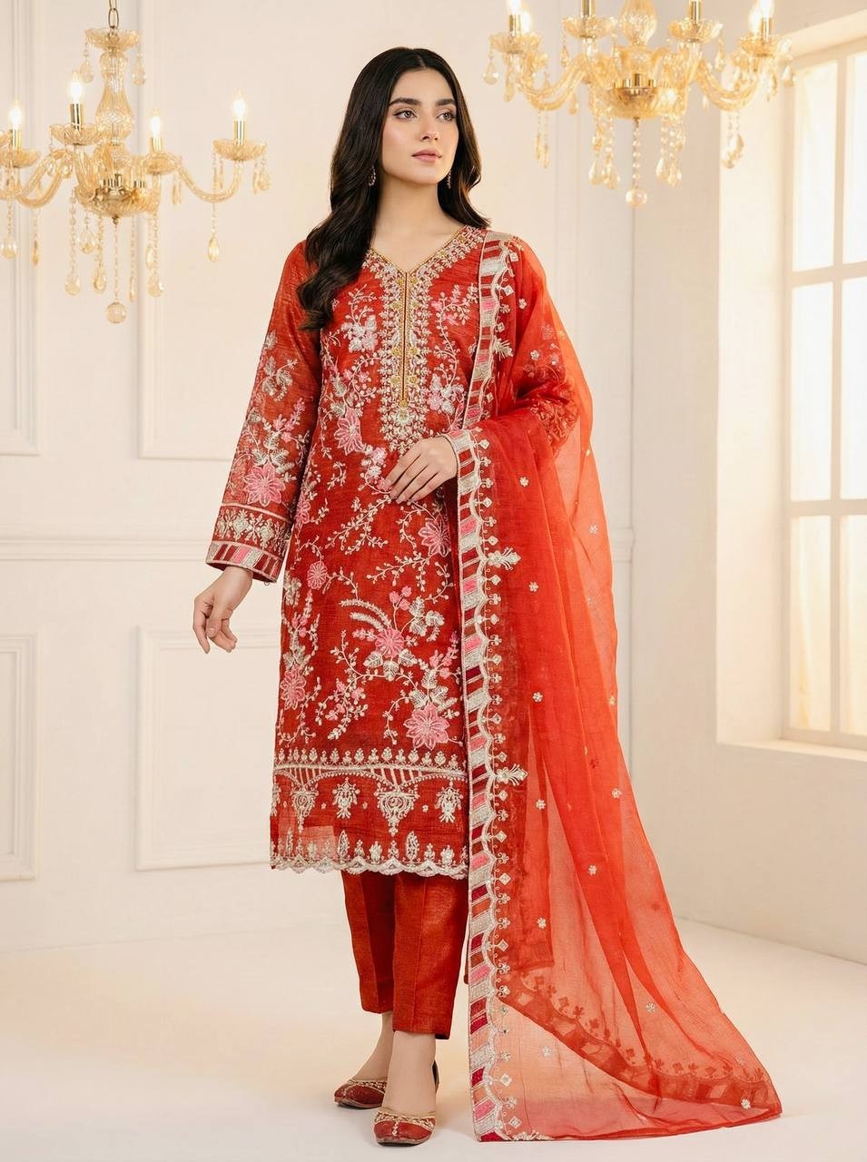 Party Wear Crunchy Silk Orange Salwar Kameez With Dupatta For Women & Girls