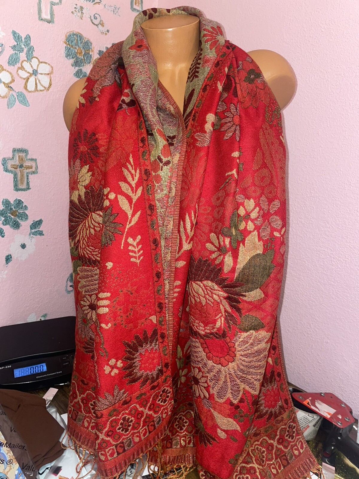 Mexican Women’s Red & Gold Floral Rebozo Poncho Wrap Cover Cape