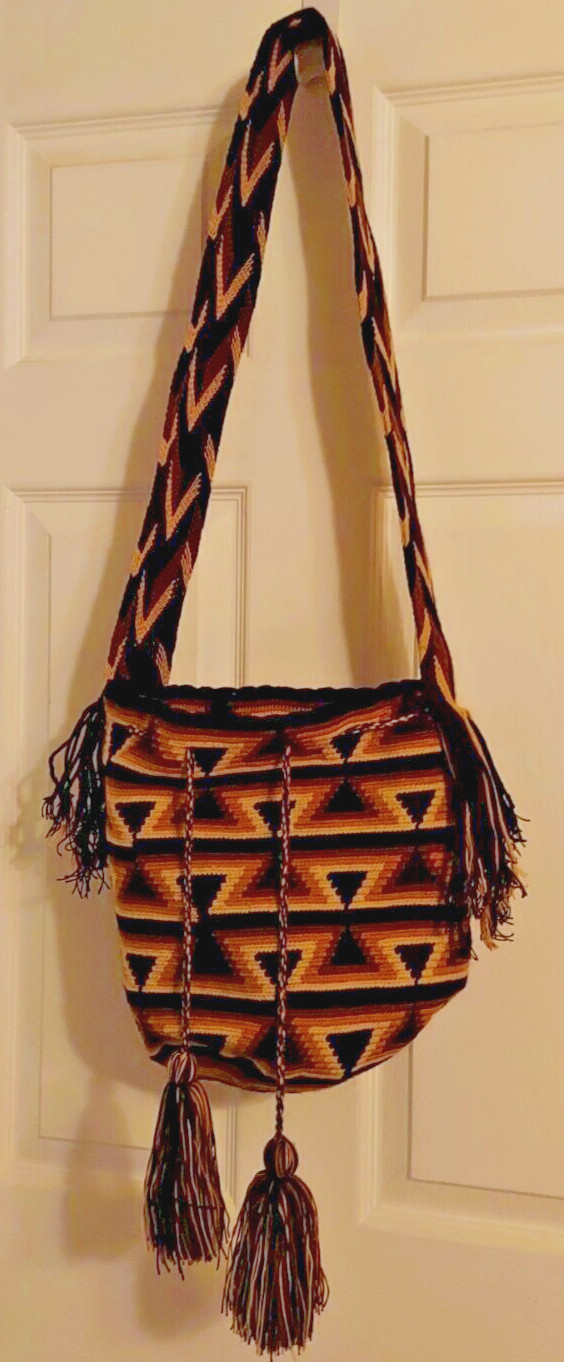 Handmade Crocheted Mexican Morral Crossbody Purse Black Brown Cream Tassels NEW