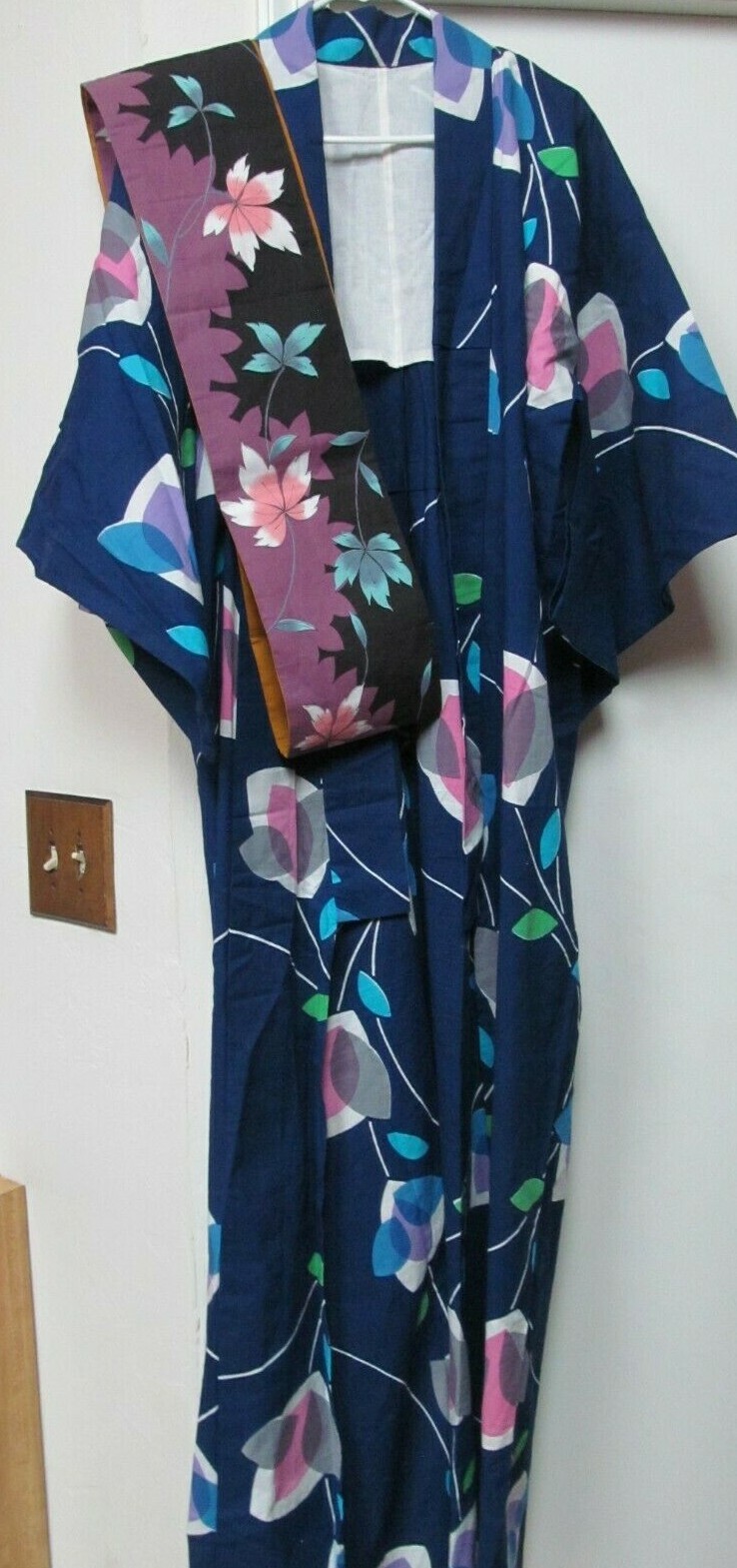 Oriental Kimono Blue Floral & coordinating obi sash -Mens or womens