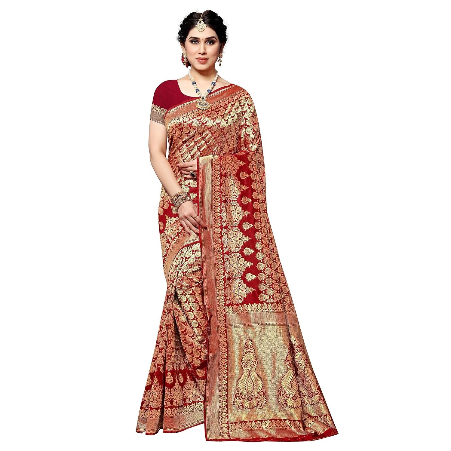 Women’s Banarasi Silk Sarees With Zari Jacquard Work & Blouse Piece