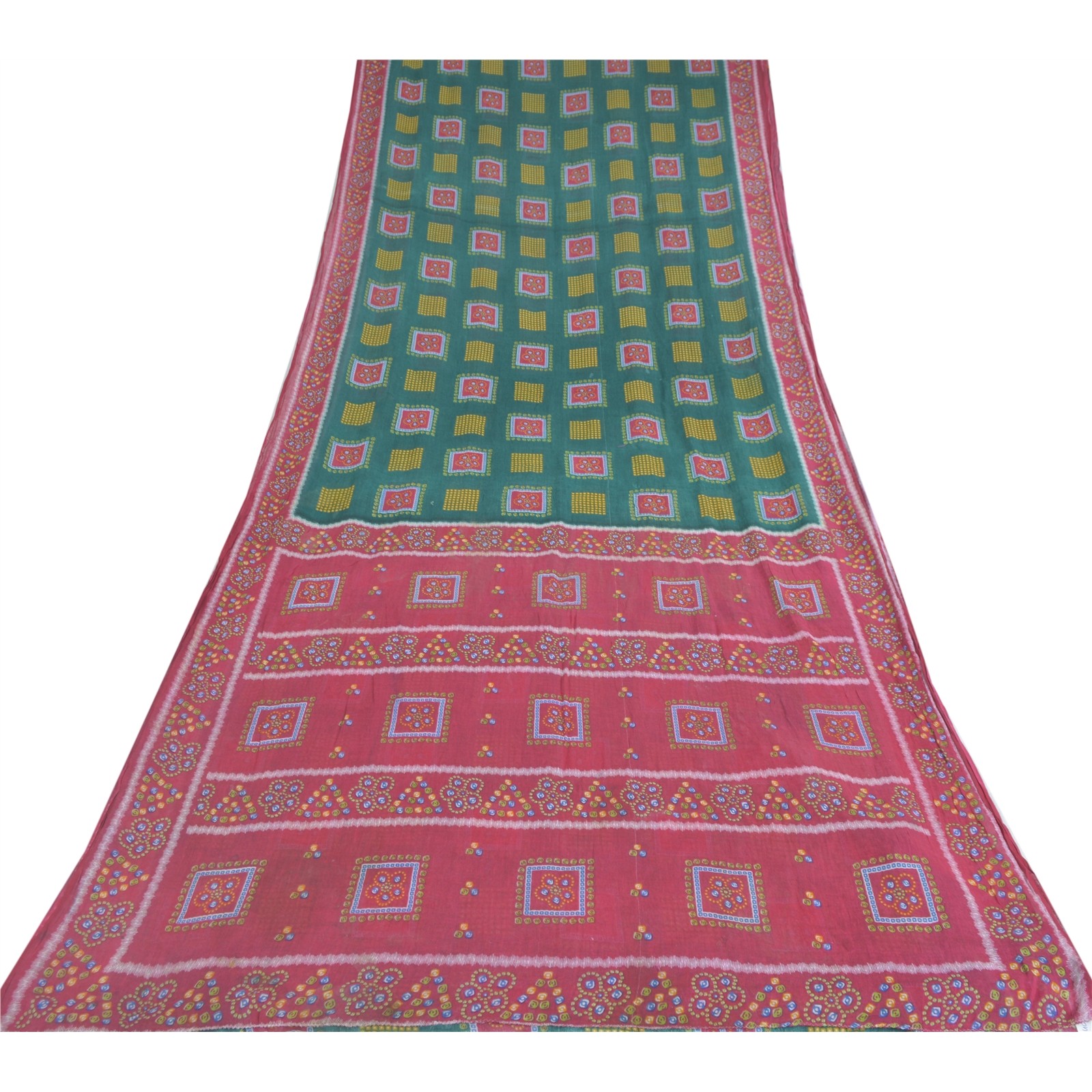 Sanskriti Vintage Saree Green Pure Cotton Bandhani Print Sari 5+Yd Craft Fabric