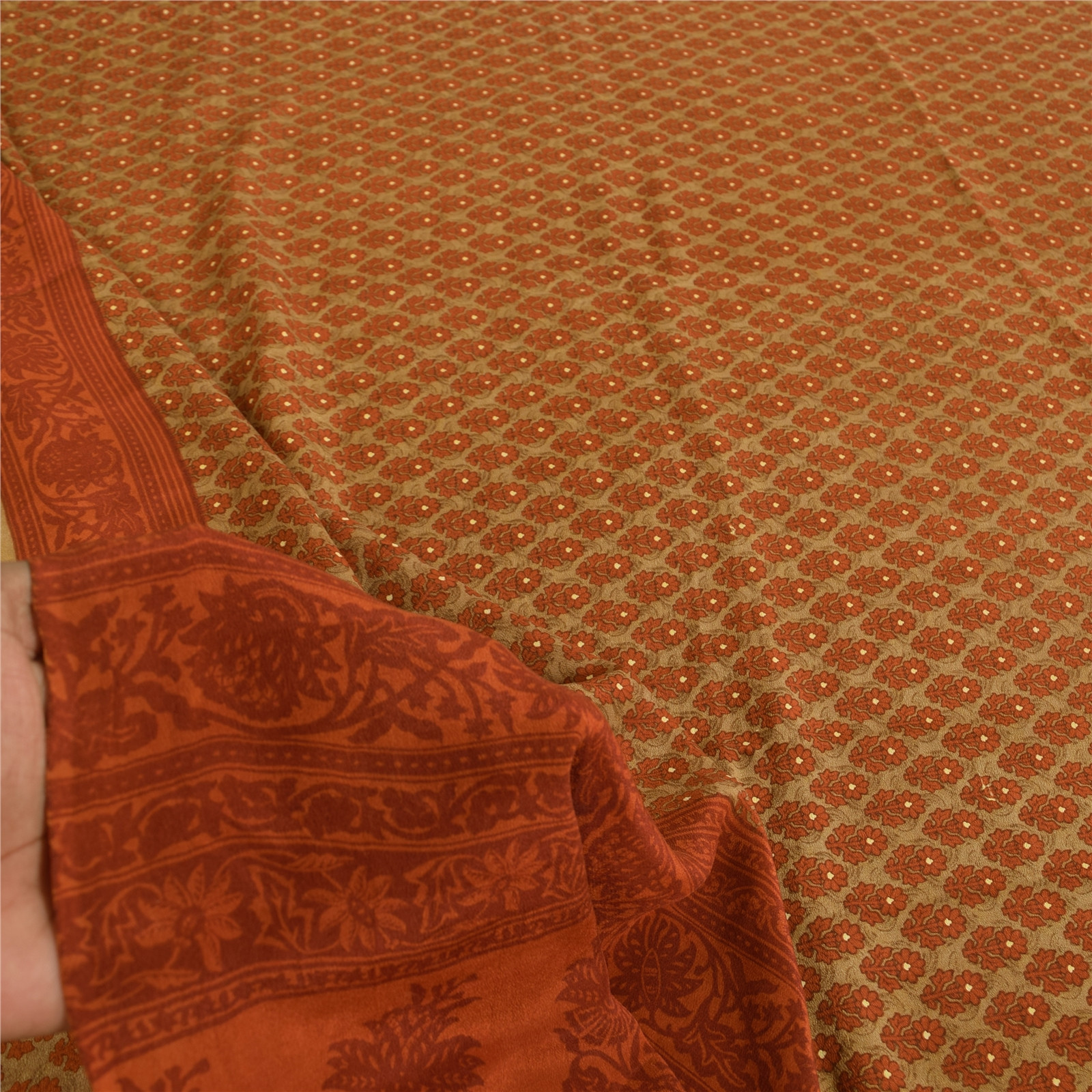 Sanskriti Vintage Sarees Pure Crepe Orange & Green Print Sari 5+Yd Craft Fabric