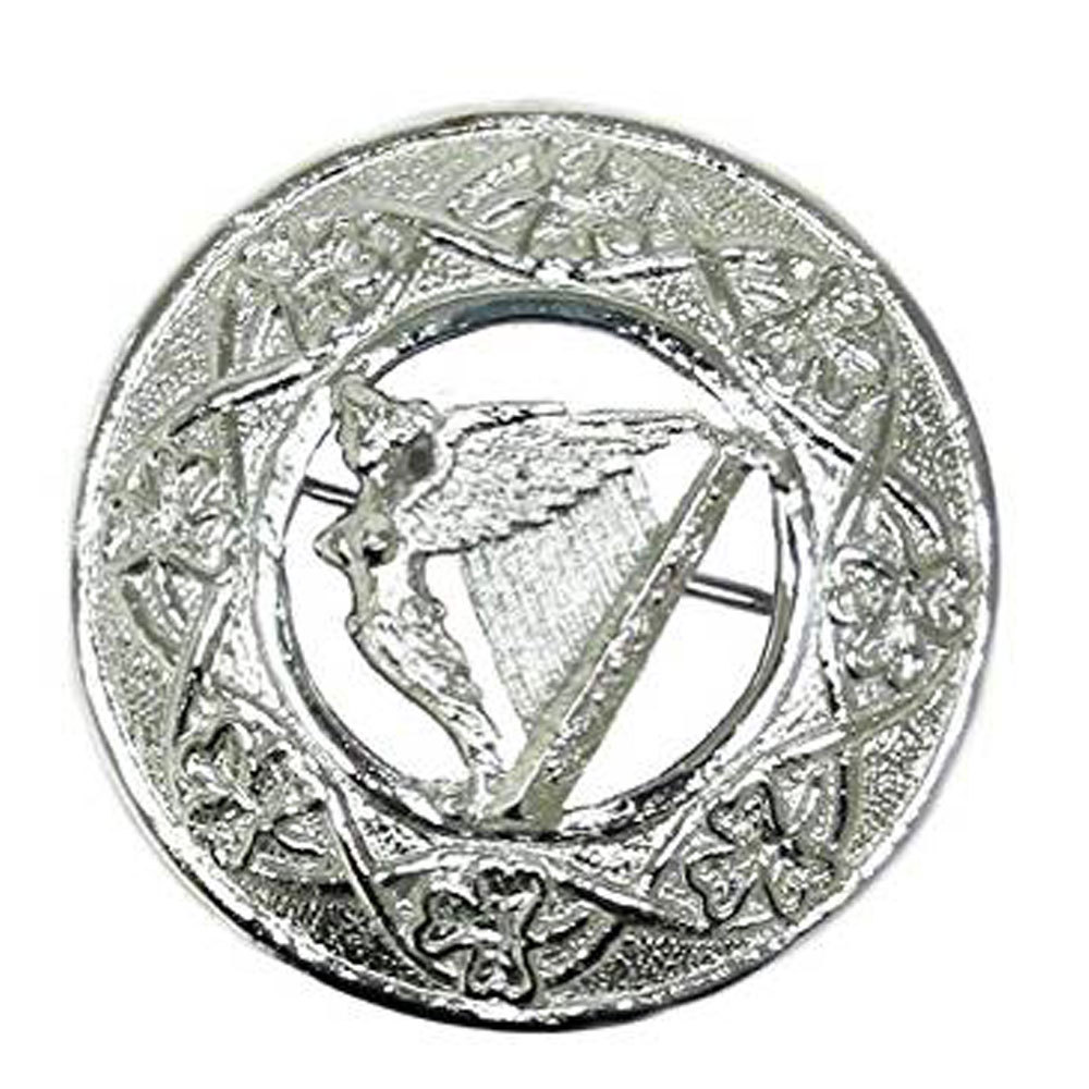 HW Celtic Brooch Silver Finish 3″/Kilt Fly Plaid Pin brooch Harp Chrome finish