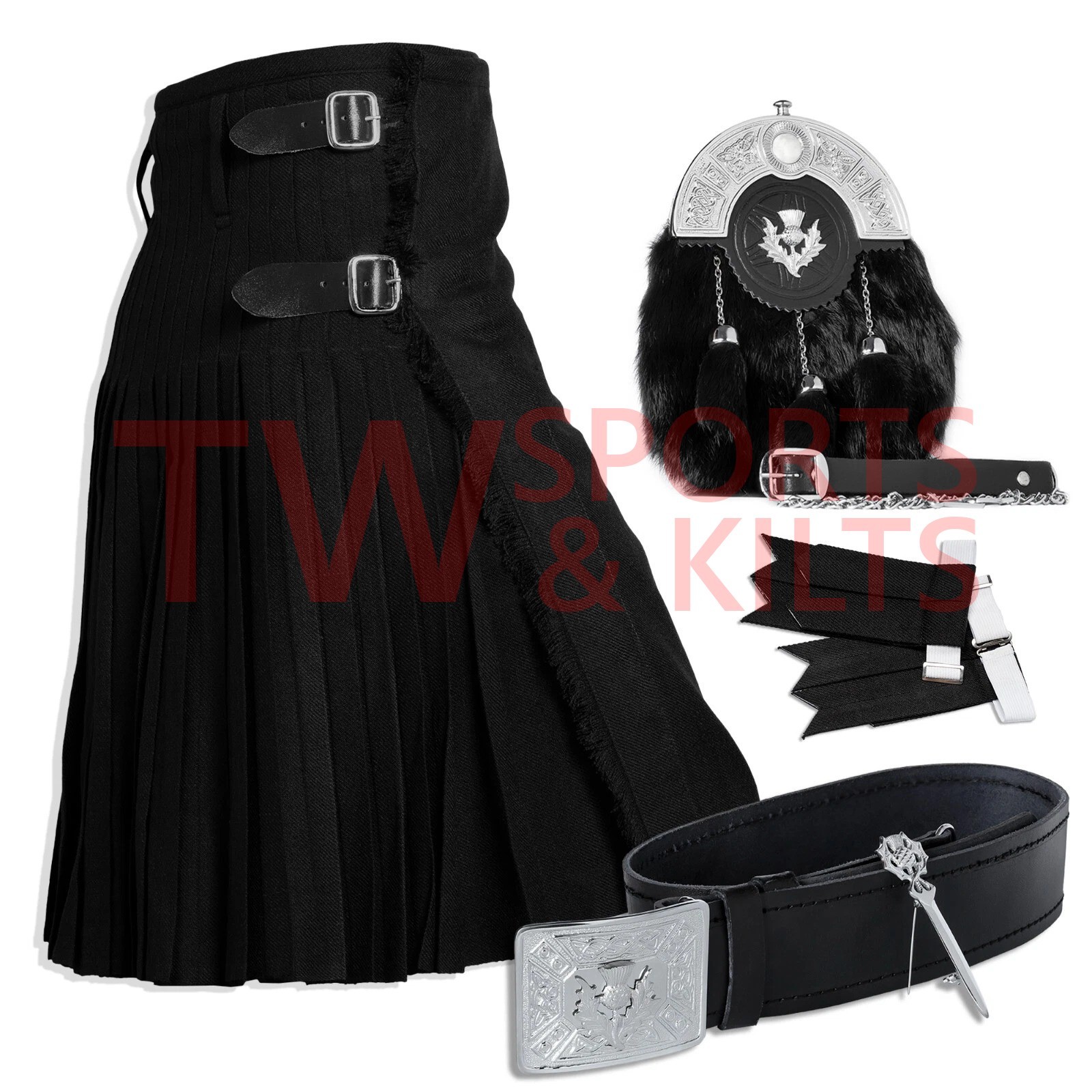 Scottish Men’s Outfit Solid Black Tartan Kilt Set – 09 Pieces Kilt Accessories