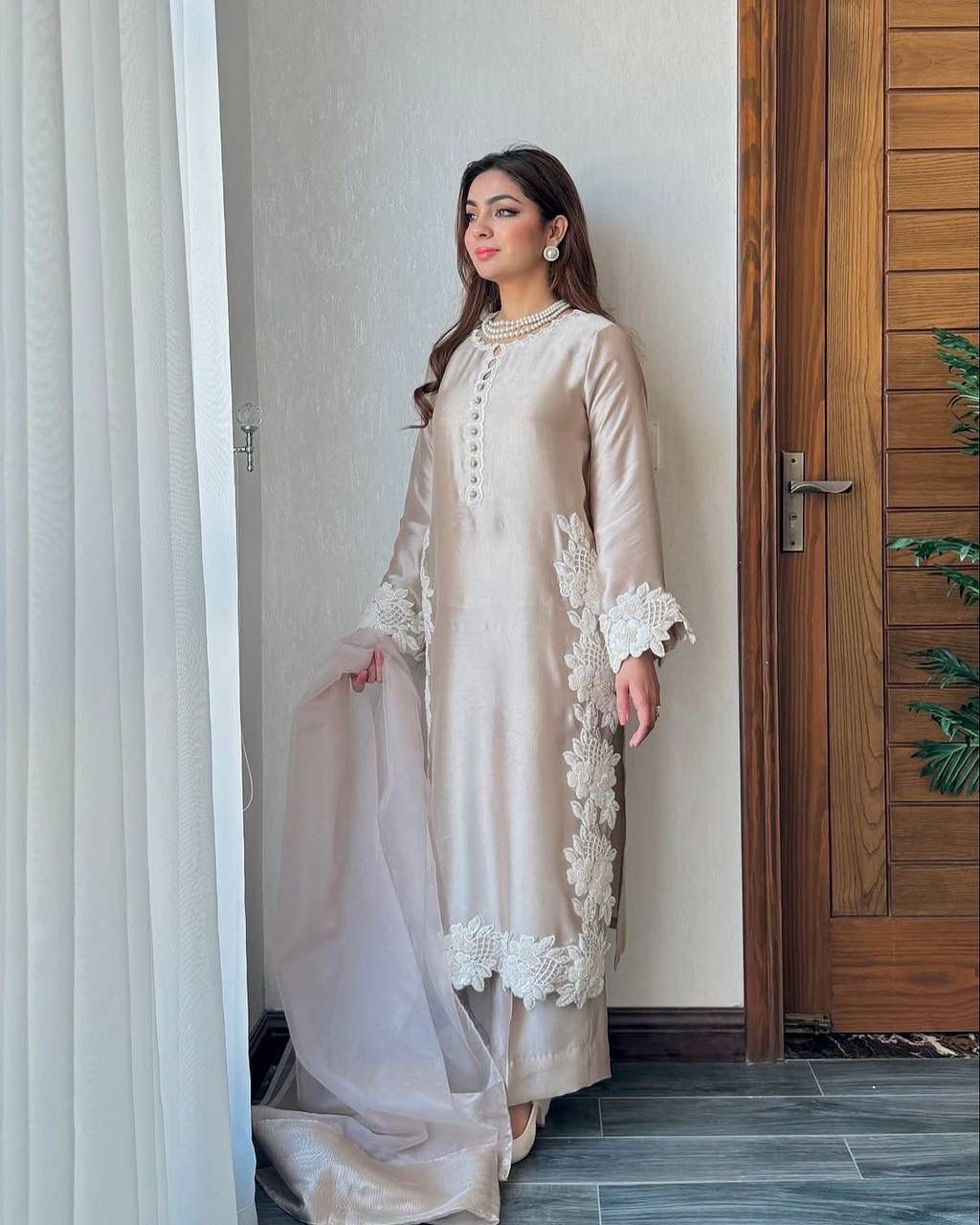 Launching Designer Natural Silk Beige Top Palazzo With Dupatta For Festival Wear
