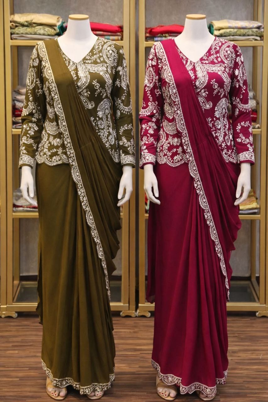 MEHANDI COLOR SILK BLEND EMBROIDERED WORK READY TO WEAR STITCH DRAPE SAREES SARI