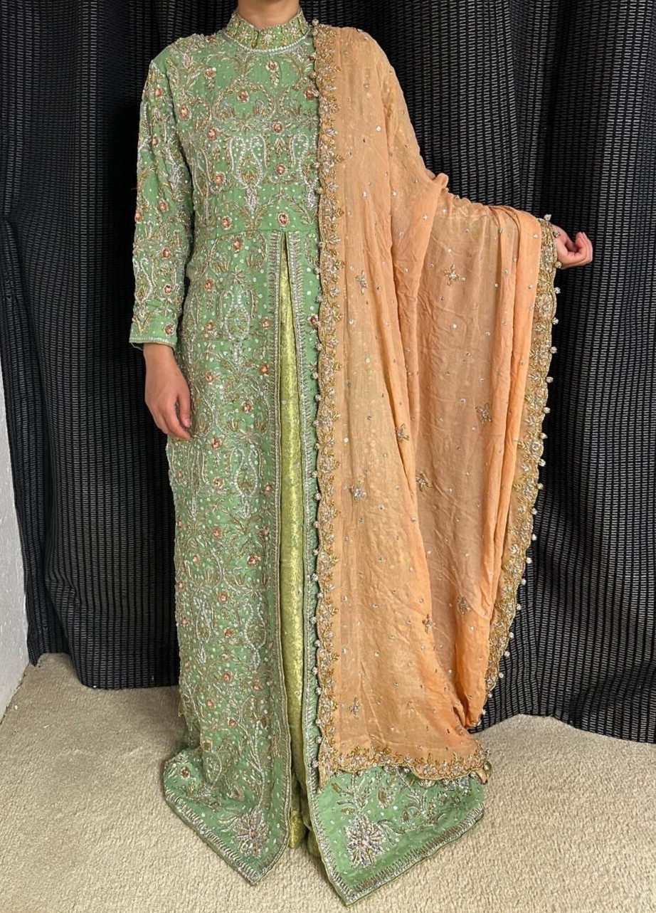 Desi Indian Pakistani Wedding Eid Outfit Green and Peach With Hand Embroidery