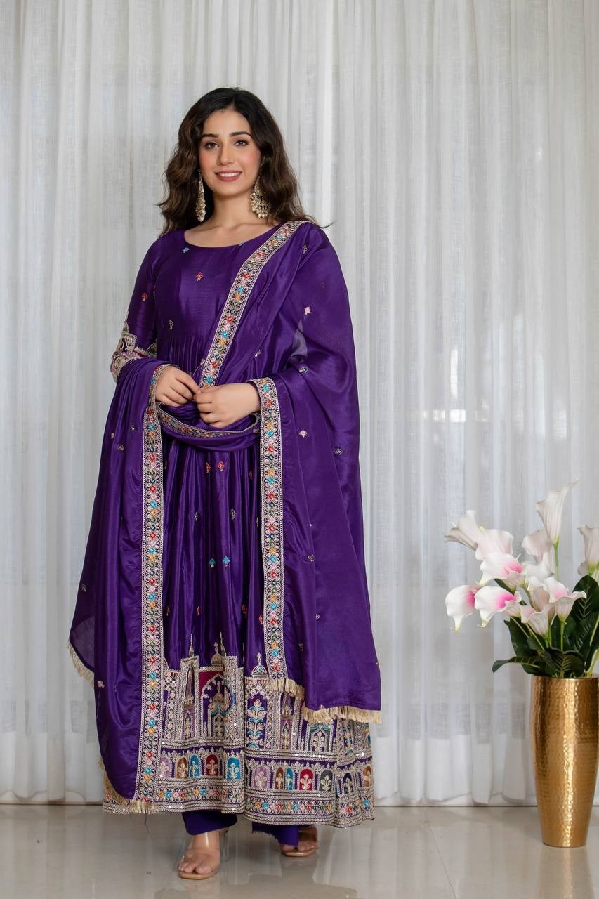 Attractive Designer Chinon Silk Salwar Kameez With Dupatta For Women & Girls